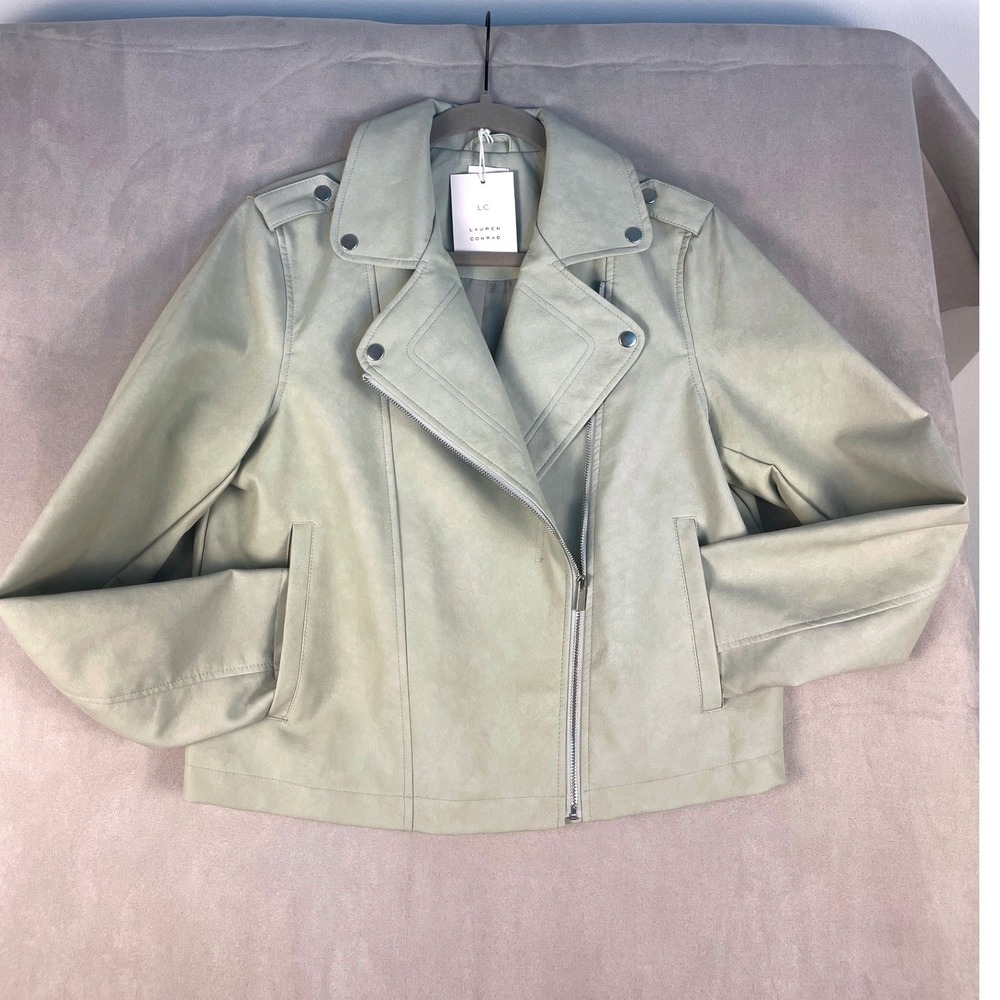 Universal Thread Womens Sage Green Faux Leather Moto Jacket Asymmetrical NWT M